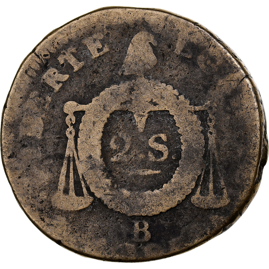 Francia, 2 sols à la Balance, 1793 - AN II, Rouen, Métal de cloche, B+