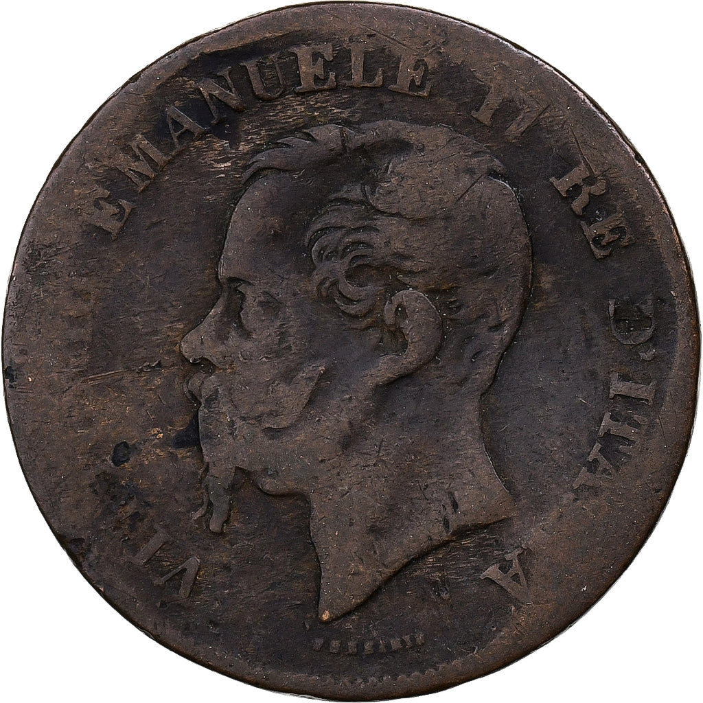 Itália, Vittorio Emanuele II, 5 Centesimi, Milan, Bronze, F(12-15)