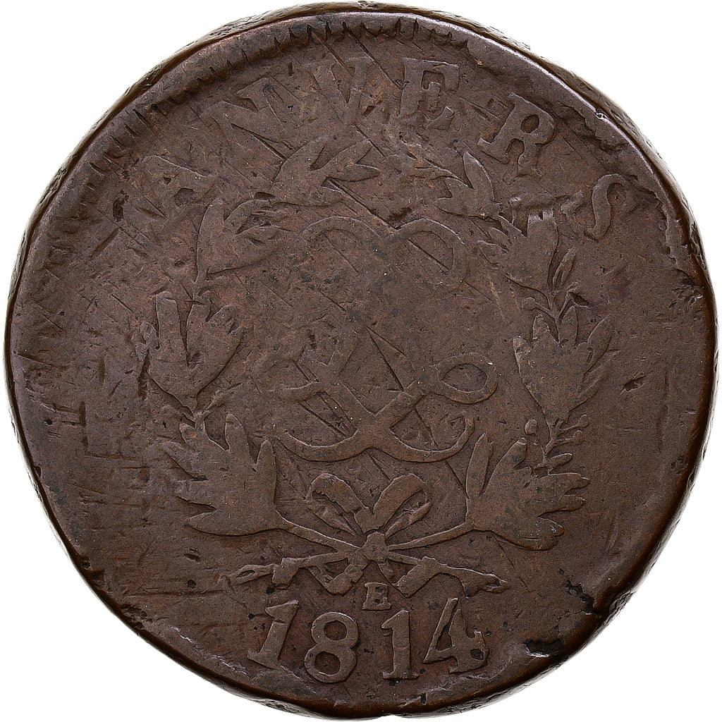 France, Louis XVIII, 10 Centimes, Obsidionale, 1814, Antwerp, Copper, VG(8-10)