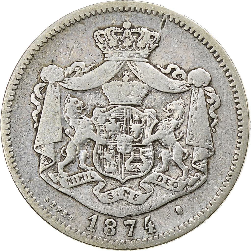Romania, Carol I, 1 Leu, 1874, Brussels, Argento, MB, KM:10