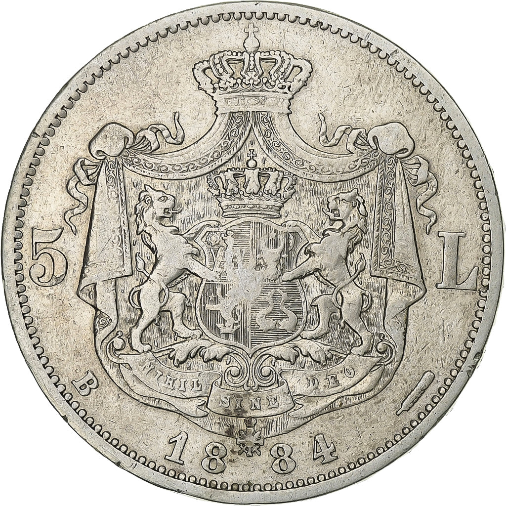 Rumanía, Carol I, 5 Lei, 1884, Bucarest, Plata, BC+, KM:17