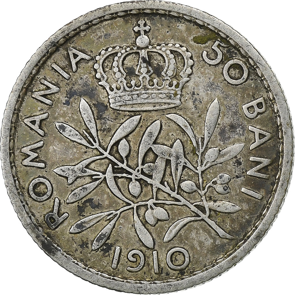 Romania, Carol I, 50 Bani, 1910, Brussels, Argento, MB, KM:41