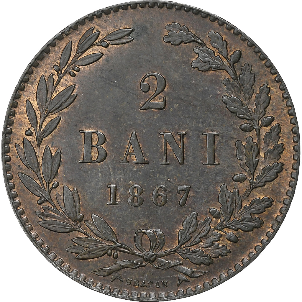 Romania, Carol I, 2 Bani, 1867, Heaton, Copper, AU(55-58), KM:2.1