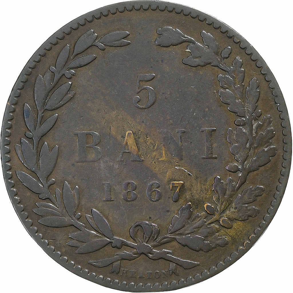 Rumanía, Carol I, 5 Bani, 1867, Heaton, Cobre, BC+, KM:3