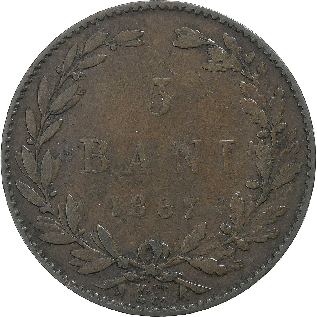 Rumanía, Carol I, 5 Bani, 1867, Smethwick, Cobre, BC+, KM:3