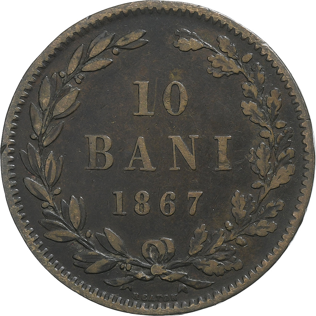 Rumunia, Carol I, 10 Bani, 1867, Heaton, Miedź, VF(20-25), KM:4