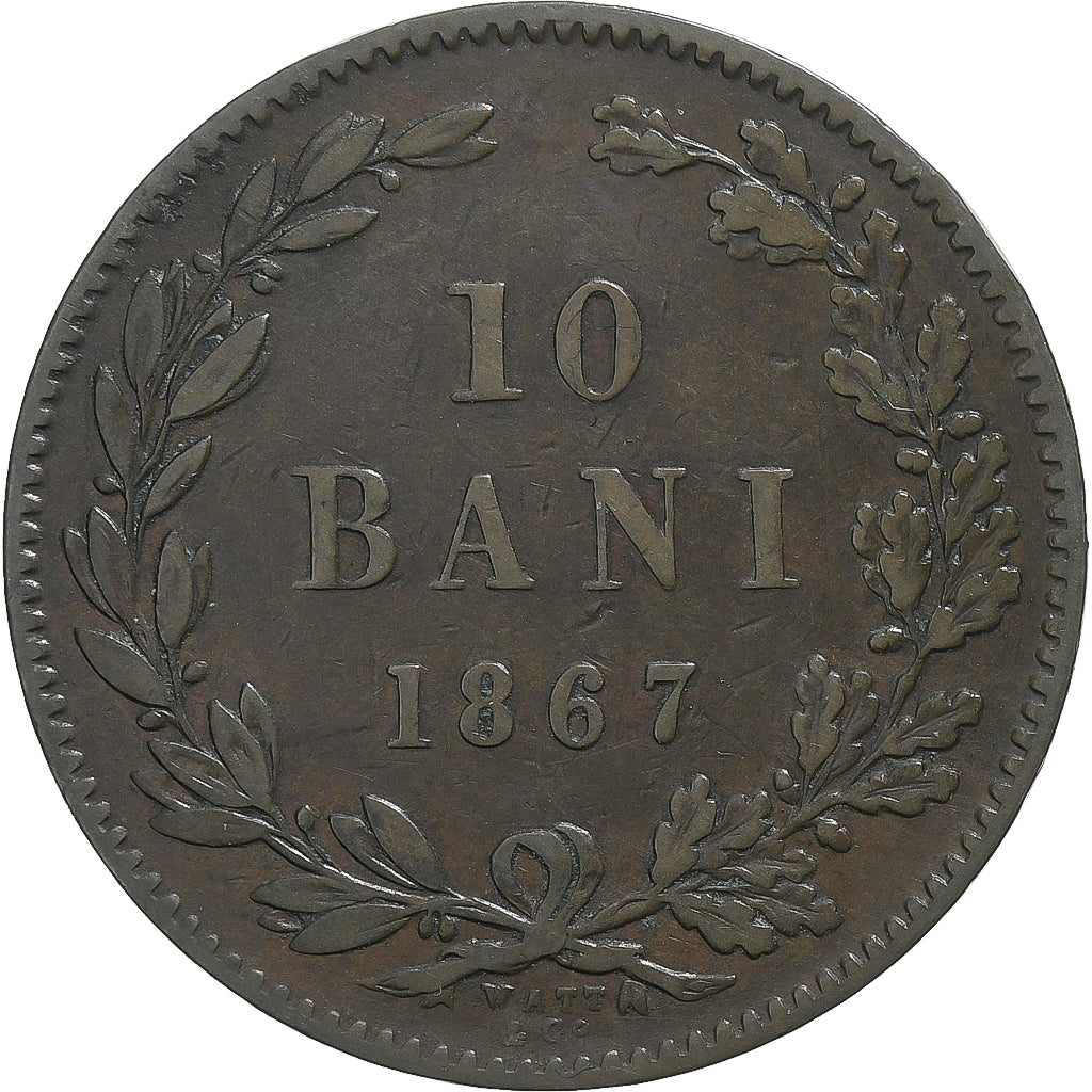 Romania, Carol I, 10 Bani, 1867, Smethwick, Rame, MB, KM:4