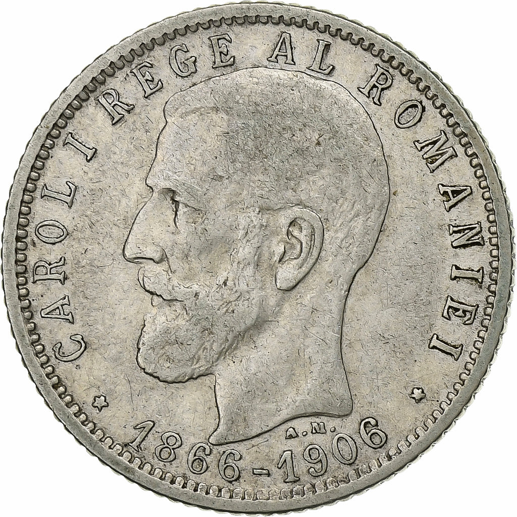 Romania, Carol I, 1 Leu, 40th Anniversary of reign, 1906, Brussels, Silver