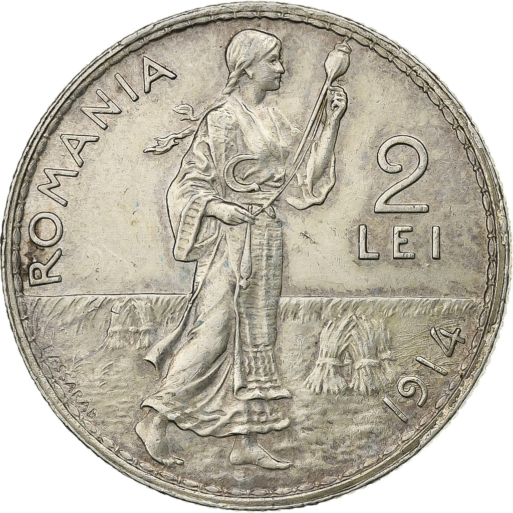 Rumanía, Carol I, 2 Lei, 1914, Brussels, Plata, EBC, KM:43
