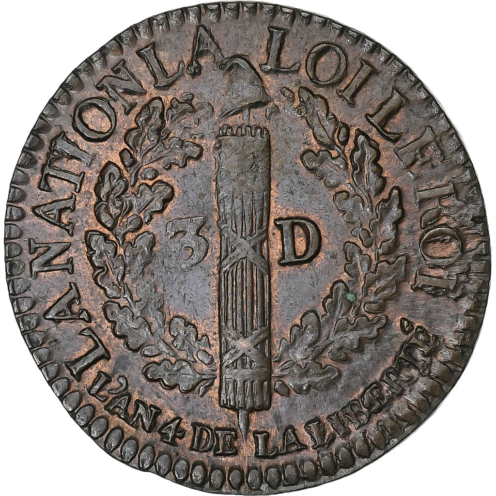 France, Louis XVI, 3 Deniers François, 1792 / AN 4, Lyon, Copper, MS(60-62)
