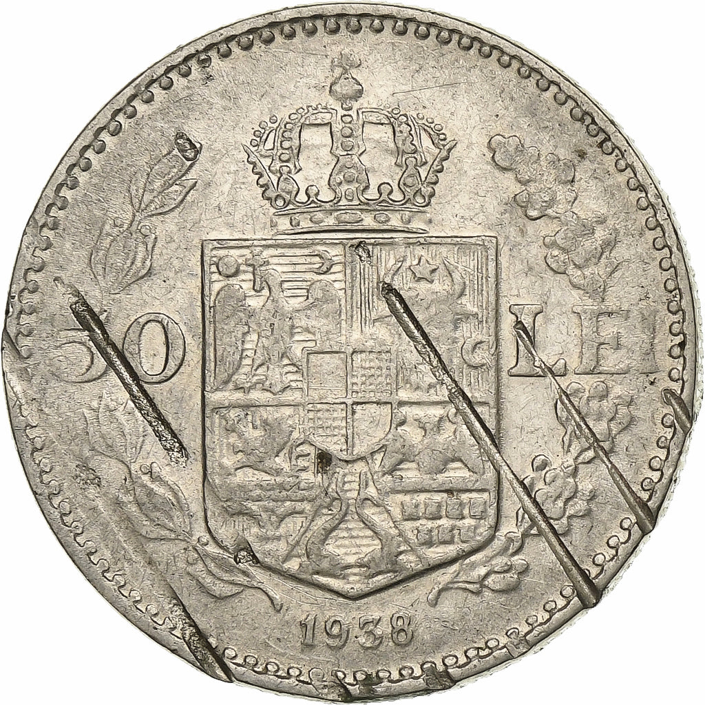 Romania, Carol II, 50 Lei, 1938, Bucarest, Silver, VF(30-35), KM:55