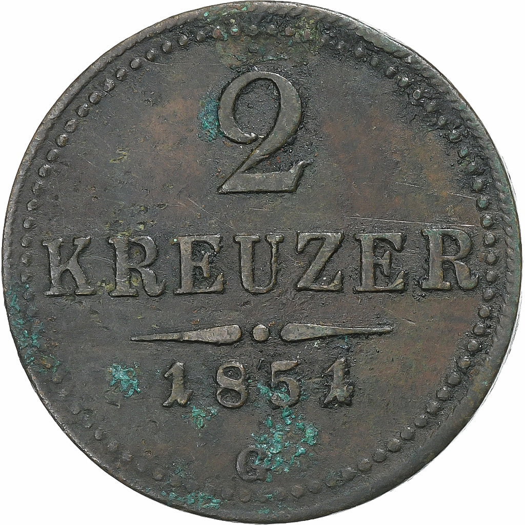 Austria, Franz Joseph I, 2 Kreuzer, 1851, Baia mare, Copper, VF(20-25), KM:2189