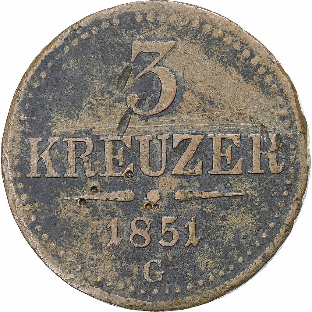 Áustria, Franz Joseph I, 3 Kreuzer, 1851, Baia mare, Cobre, F(12-15), KM:2193