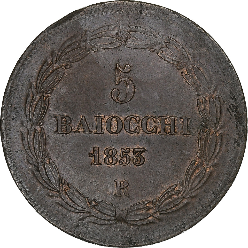 Papal States, Pius IX, 5 Baiocchi, 1853, Rome, Rame, SPL-, KM:1356