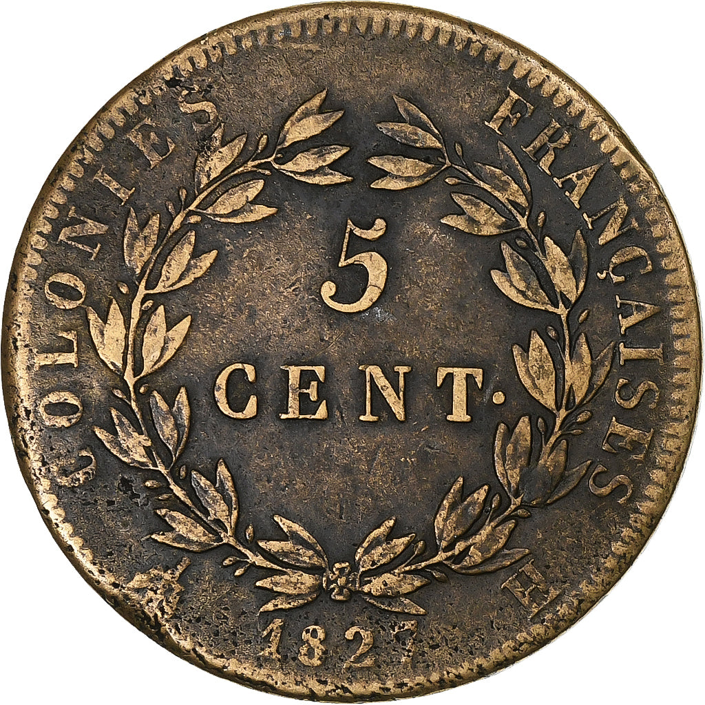 Colonie francesi, Charles X, 5 Centimes, 1827, La Rochelle, Bronzo, MB+, KM:10