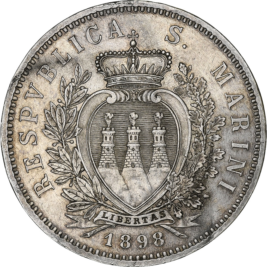 San Marino, 5 Lire, 1898, Rome, Silver, AU(50-53), KM:6