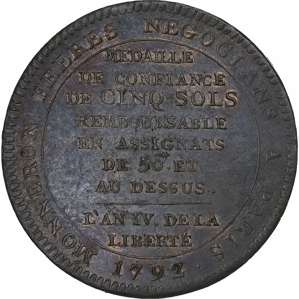 Frankreich, Monneron de 5 Sols, Au serment, 1792 / AN 4, Birmingham, Kupfer, VZ