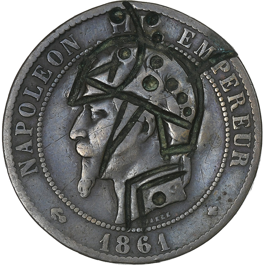 Frankreich, Napoleon III, 10 Centimes, 1861, Strasbourg, Satirique, Bronze, S