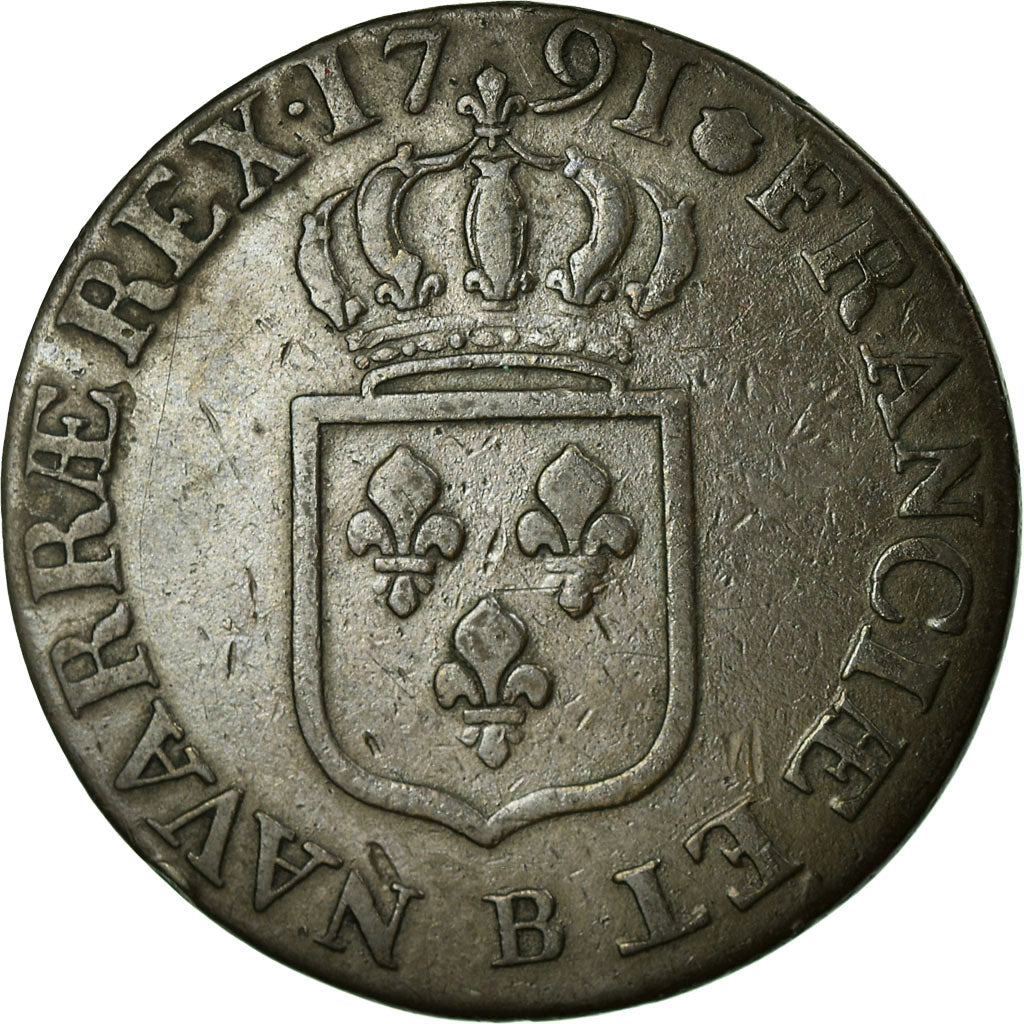 Moneta, Francia, Louis XVI, Sol ou sou, Sol, 1791, Rouen, BB, Rame, KM:578.3