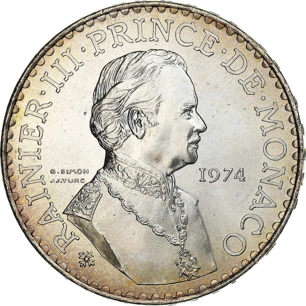 Mónaco, Rainier III, 50 Francs, 1974, MDP, Prata, MS(60-62), KM:152