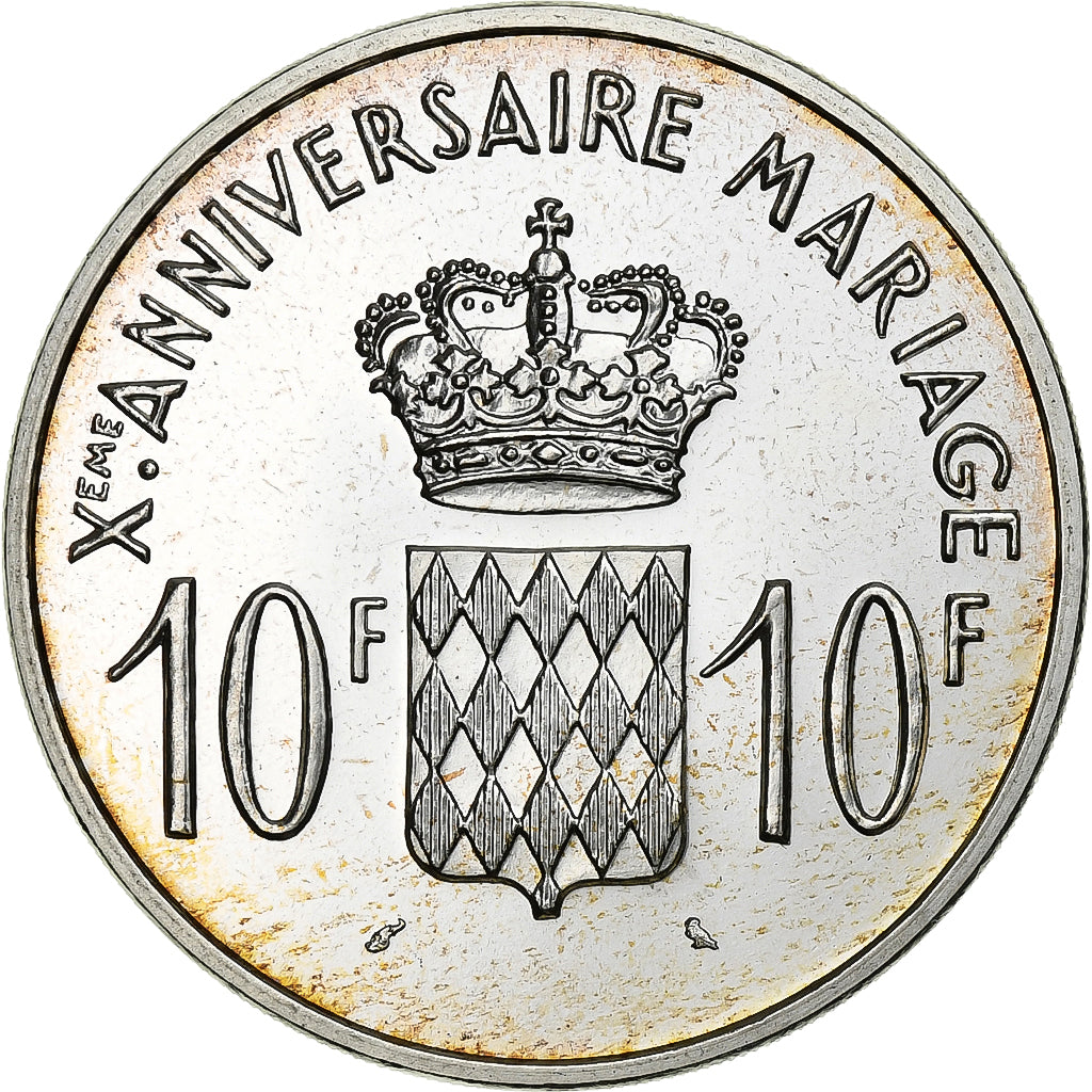 Monaco, Rainier III, 10 Francs, 10th Wedding Anniversary, 1966, MDP, Argento