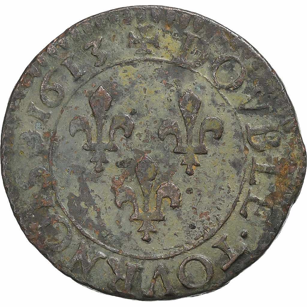 France, Louis XIII, Double Tournois, 1613, Nantes, Cuivre, TB+, CGKL:378