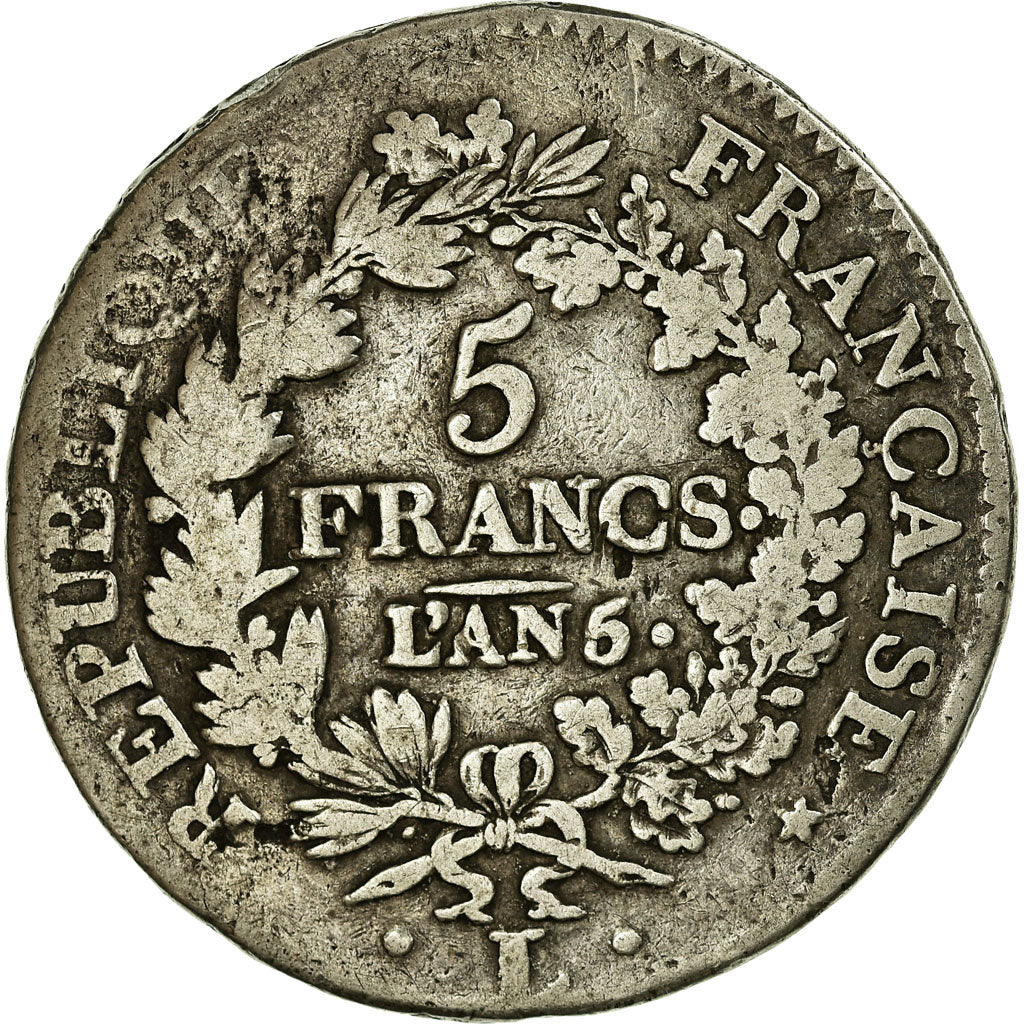 Coin, France, Union et Force, 5 Francs, 1796, Bayonne, F(12-15), Silver