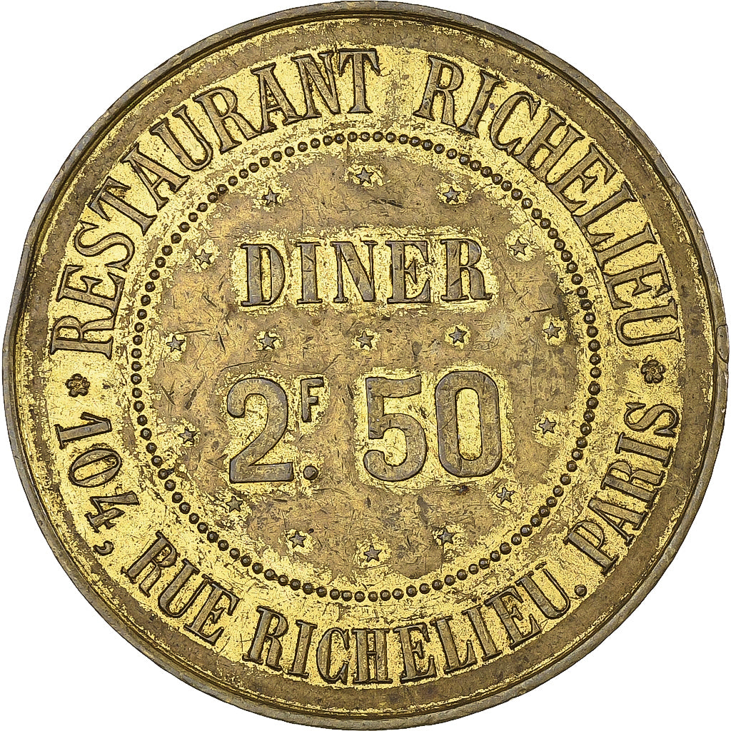 France, Jeton, Restaurant Richelieu, Diner 2,50 francs, Laiton, TTB
