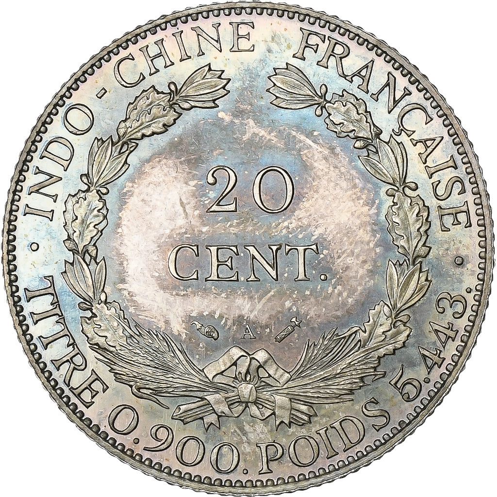French Indochina, 20 Cent, 1889, Paris, Proof, Flan Bruni, Silver, MS(64), KM:3