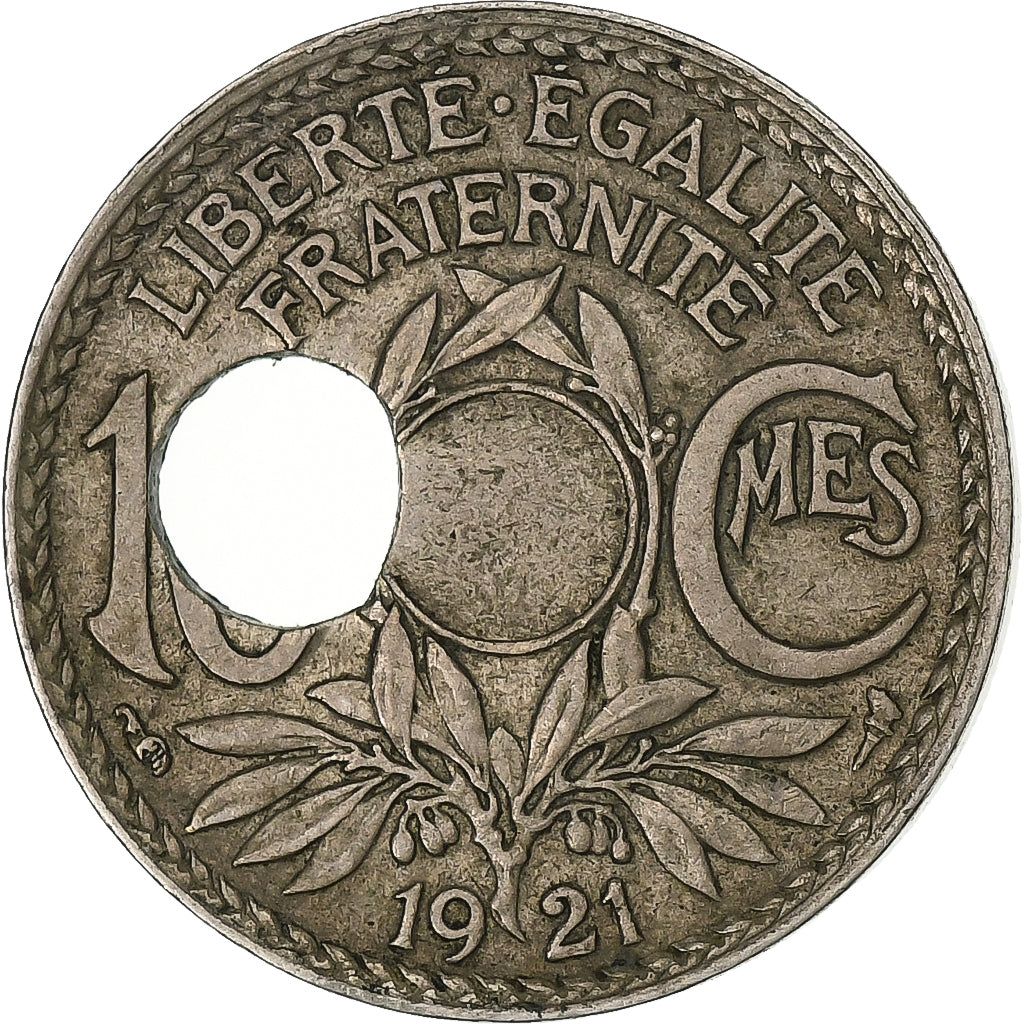 France, 10 Centimes, Lindauer, 1921, Paris, Off-center hole, Cupronickel