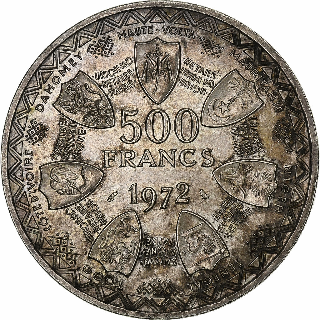 West African States, 500 Francs, Monetary Union, 1972, MDP, Silver, EF(40-45)