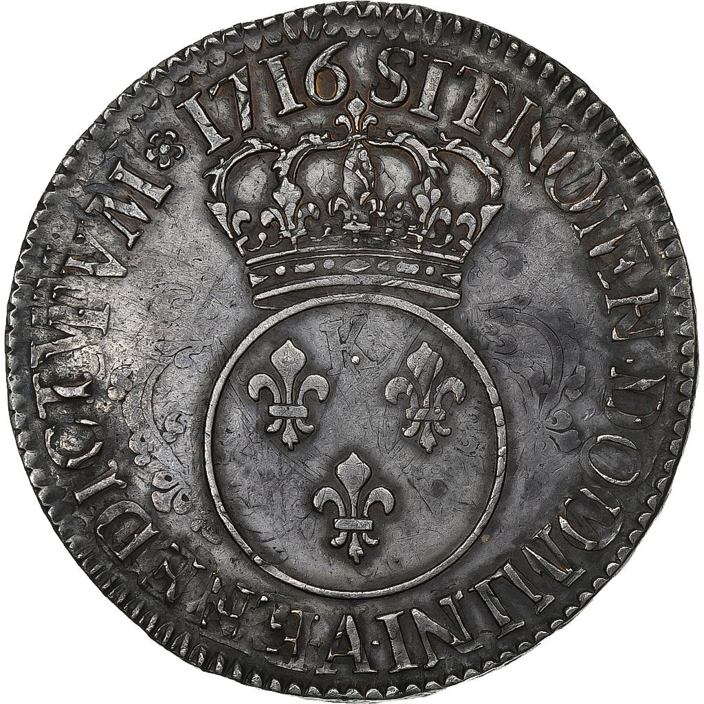 France, Louis XV, Ecu Vertugadin, 1716, Paris, reformed, Silver, AU(50-53)