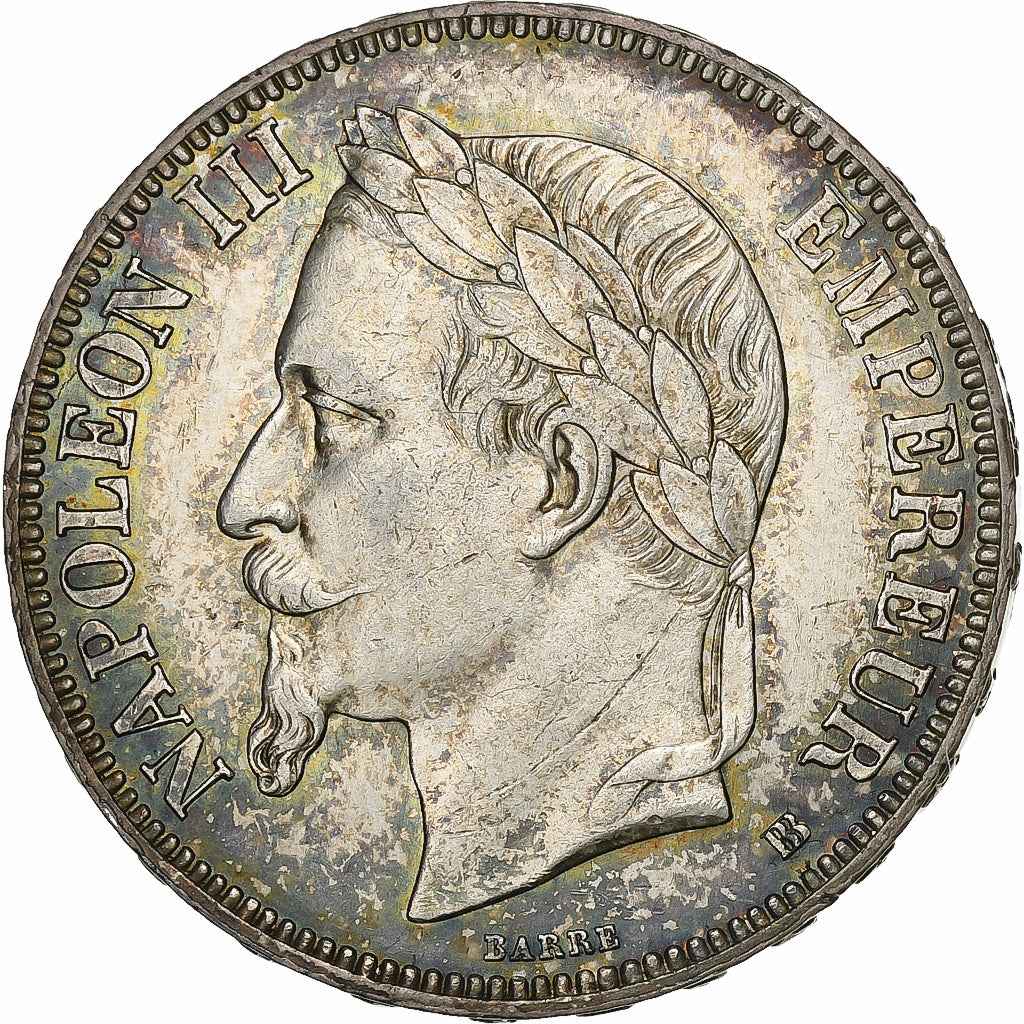 Francja, Napoleon III, 5 Francs, 1867, Strasbourg, Srebro, EF(40-45)