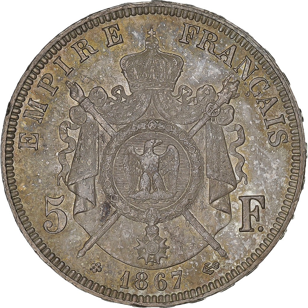 Francja, Napoleon III, 5 Francs, 1867, Strasbourg, Srebro, EF(40-45)