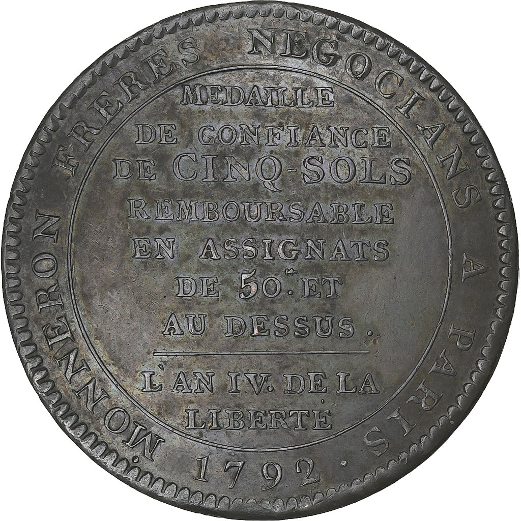 France, Monneron de 5 Sols au serment, 1792, Birmingham, Cuivre, TTB