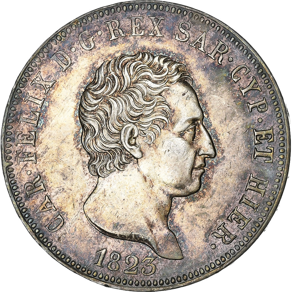 Kingdom of Sardinia, Carlo Felice, 5 Lire, 1823, Torino, Prata, AU(50-53)