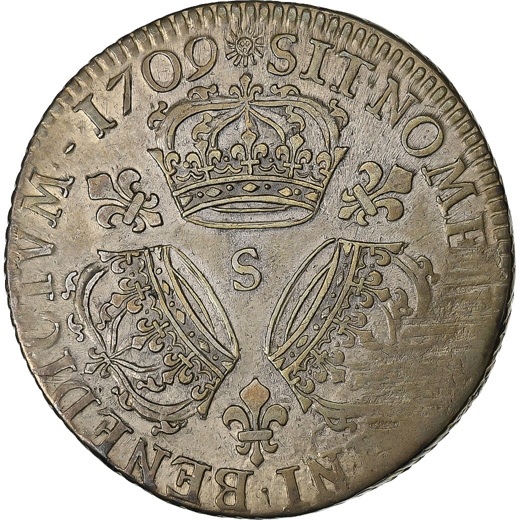 Francia, Louis XIV, 1/4 Ecu aux 3 couronnes, 1709, Reims, Argento, MB+