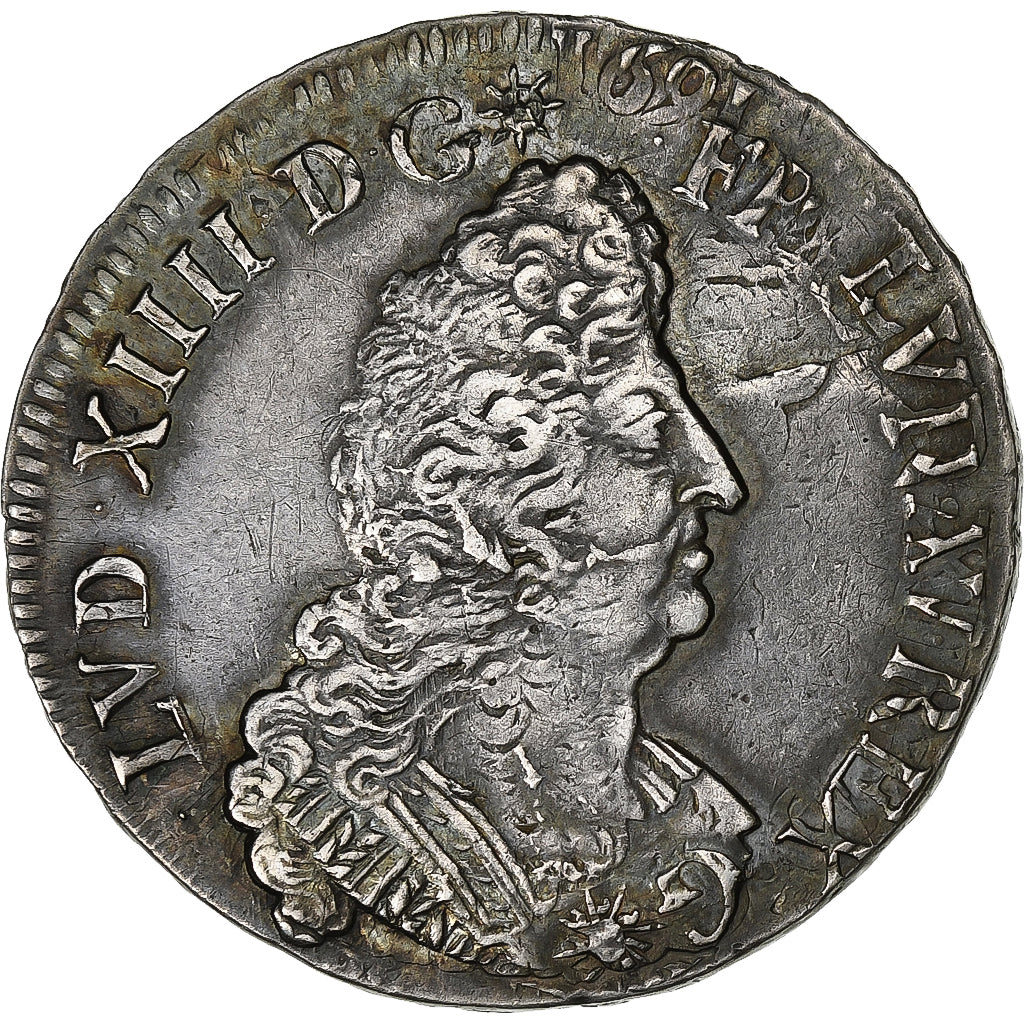 Francia, Louis XIV, 1/2 Ecu aux palmes, 1693, Nantes, reformed, Plata, MBC
