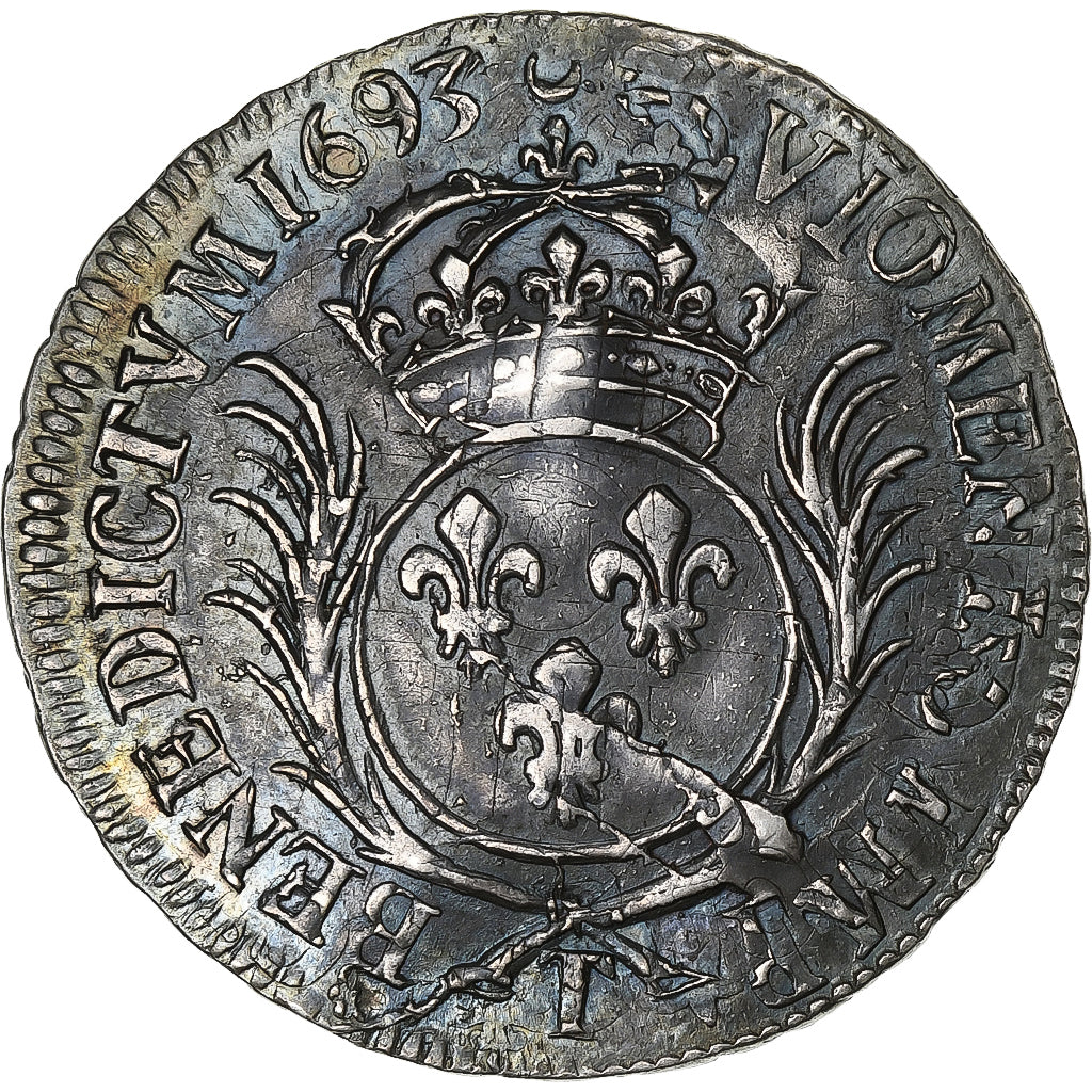 Francia, Louis XIV, 1/2 Ecu aux palmes, 1693, Nantes, reformed, Plata, MBC