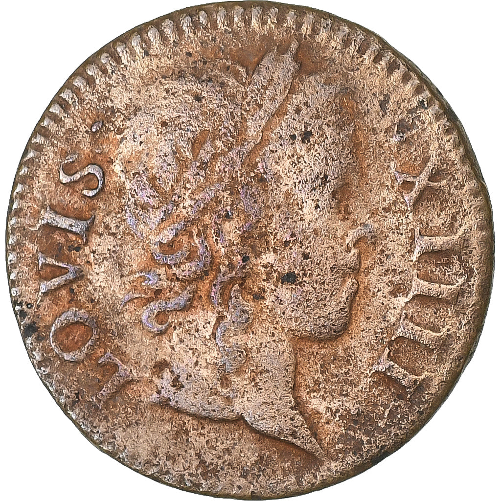 Francia, Louis XIV, Denier Tournois, 1648, Paris, Cobre, BC+, Gadoury:70