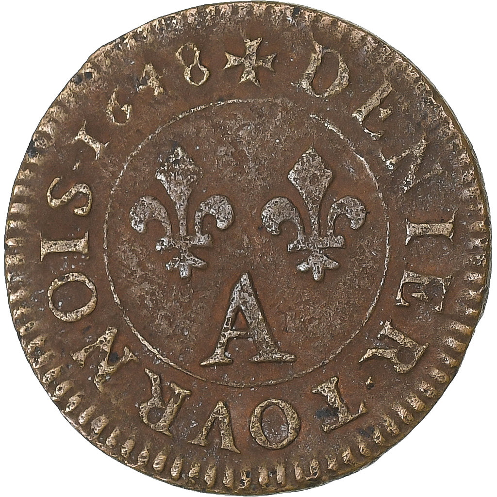 Francia, Louis XIV, Denier Tournois, 1648, Paris, Cobre, BC+, Gadoury:70
