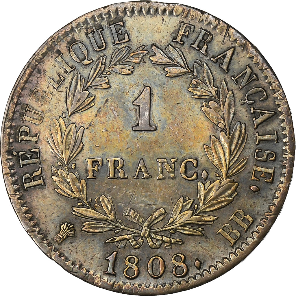 Francia, Napoleon I, 1 Franc, 1808, Strasbourg, Argento, BB, Gadoury:446