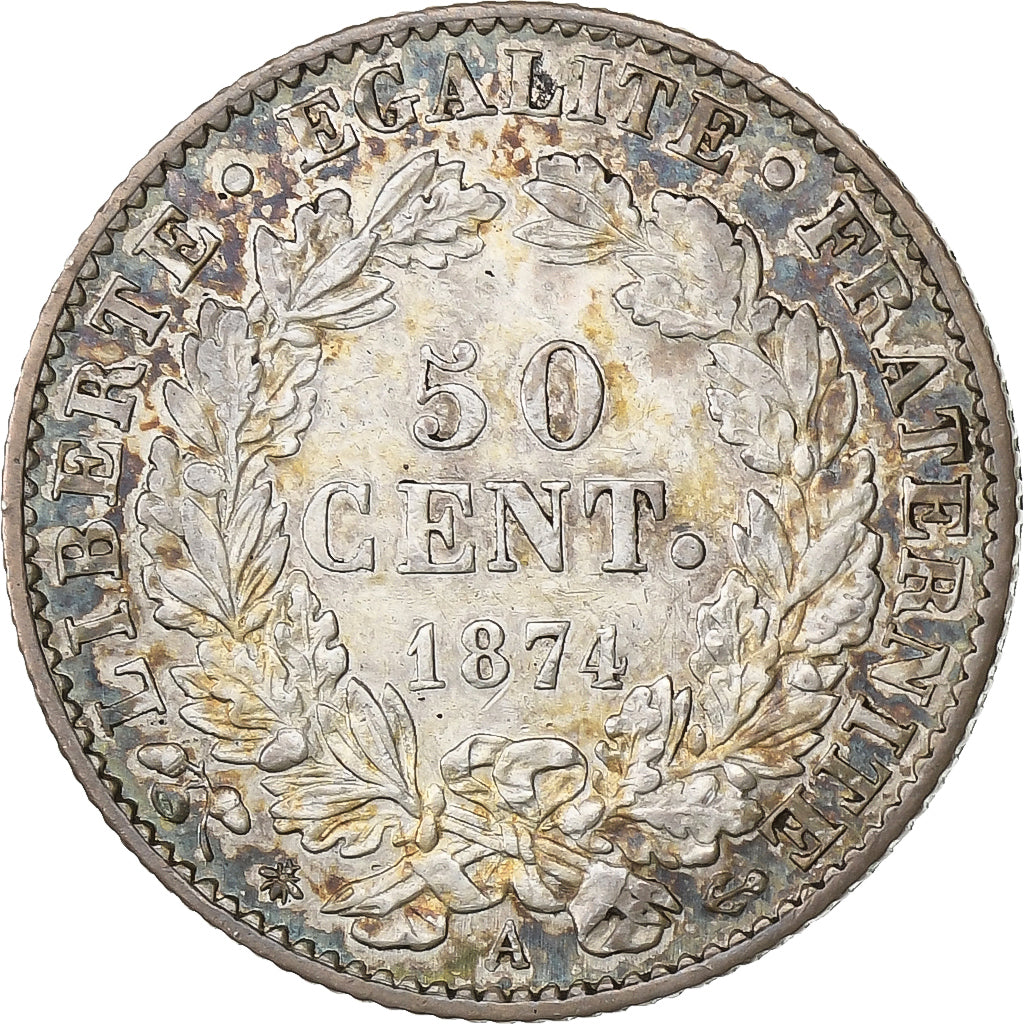 Francja, 50 Centimes, Cérès, 1874, Paris, Srebro, VF(30-35), Gadoury:419a