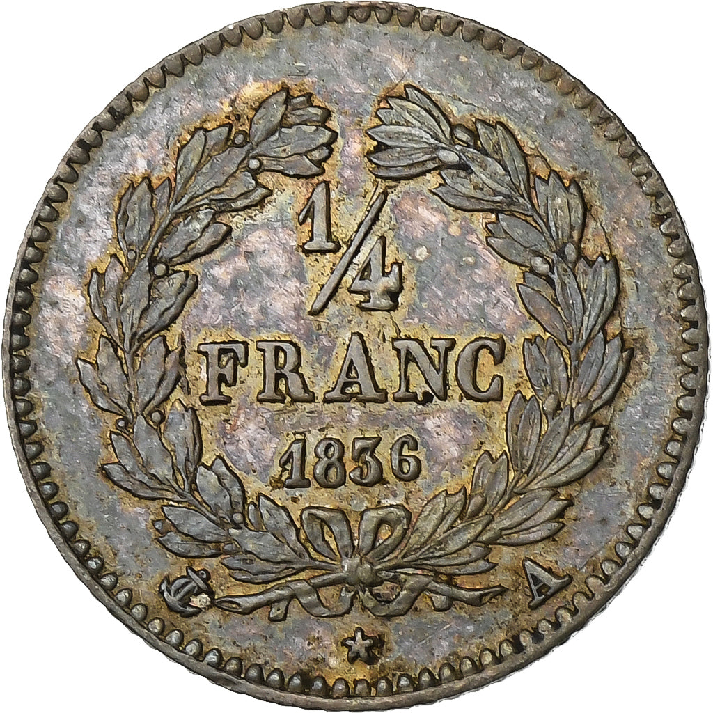 França, Louis Philippe I, 1/4 Franc, 1836, Paris, Prata, AU(50-53), Gadoury:355
