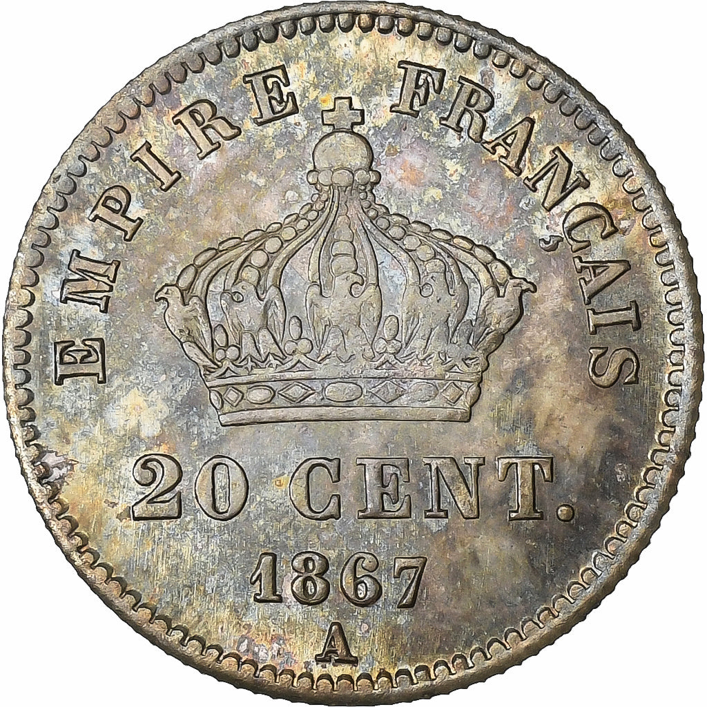 Frankrijk, Napoleon III, 20 Centimes, 1867, Paris, Zilver, ZF+, Gadoury:309