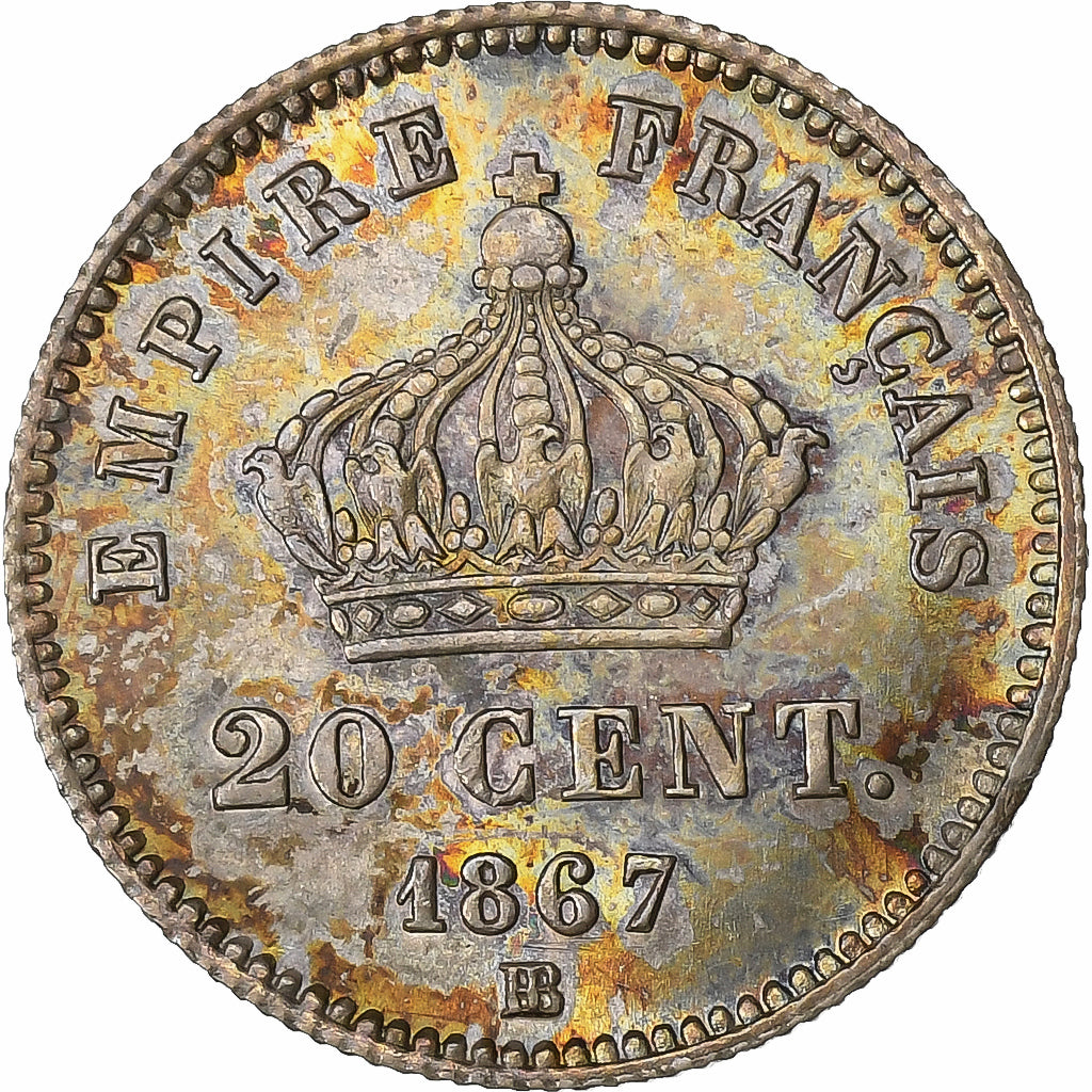 France, Napoleon III, 20 Centimes, 1867, Strasbourg, Silver, AU(50-53)