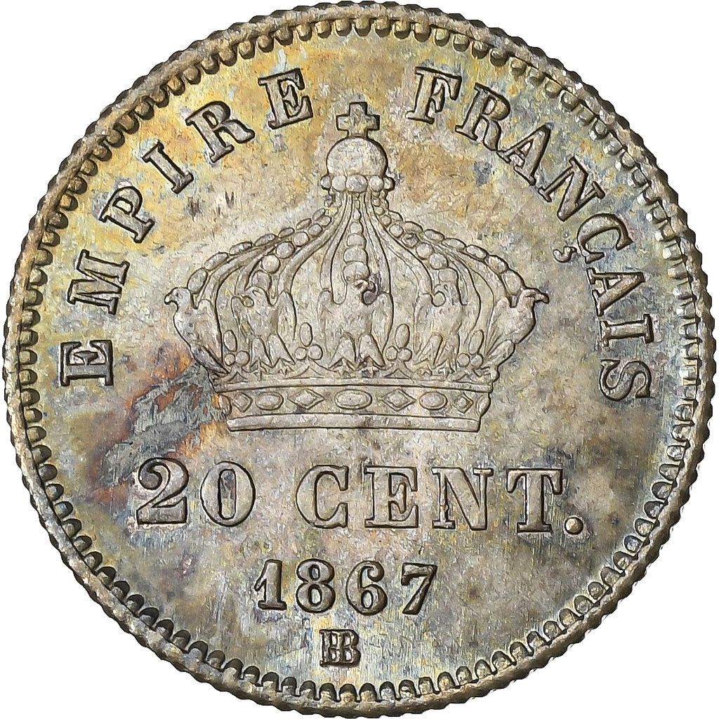 France, Napoleon III, 20 Centimes, 1867, Strasbourg, Silver, AU(50-53)