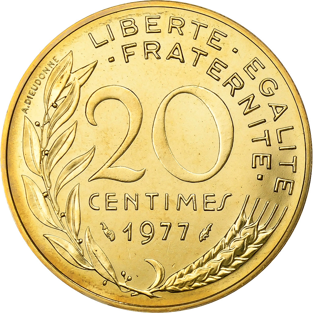 Francja, 20 Centimes, Marianne, 1977, MDP, série FDC, Brąz-Aluminium