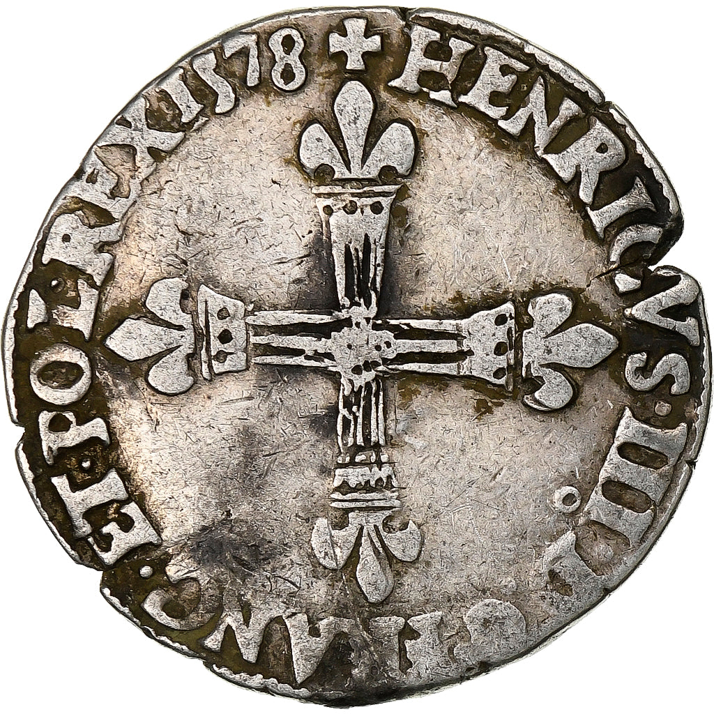 França, Henri III, 1/4 Ecu croix de face, 1578, Rennes, Prata, VF(20-25)