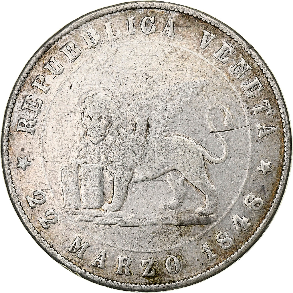 Republic of Venice, 5 Lire, 1848, Venice, Silver, VF(20-25), KM:804